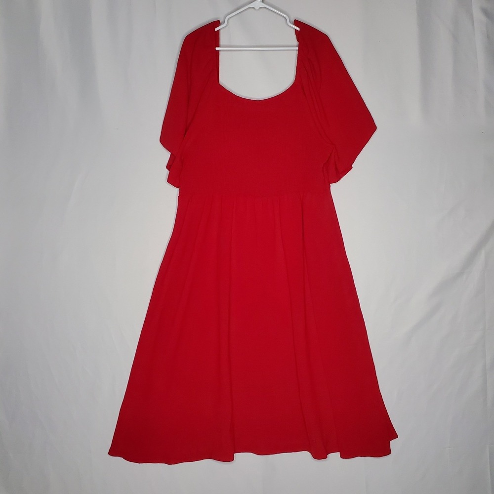 Bloomchic Dress 3XL Red Smocked Flutter Sleeve Button Tie Front Holiday Whimsy - Picture 2 of 11